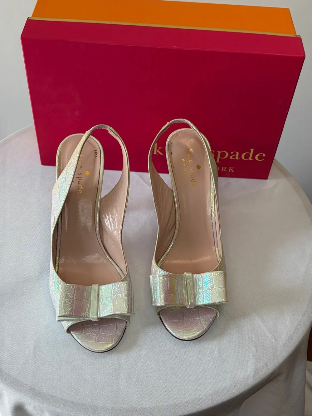 kate spade Iridescent Bow Peep-Toe Slingback Heels - Pearl
